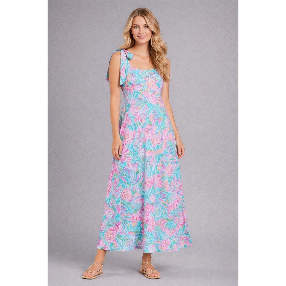 Lilly Pulitzer Maxi Dress Womens Size Large Maleka Tropical Punch Tie Straps